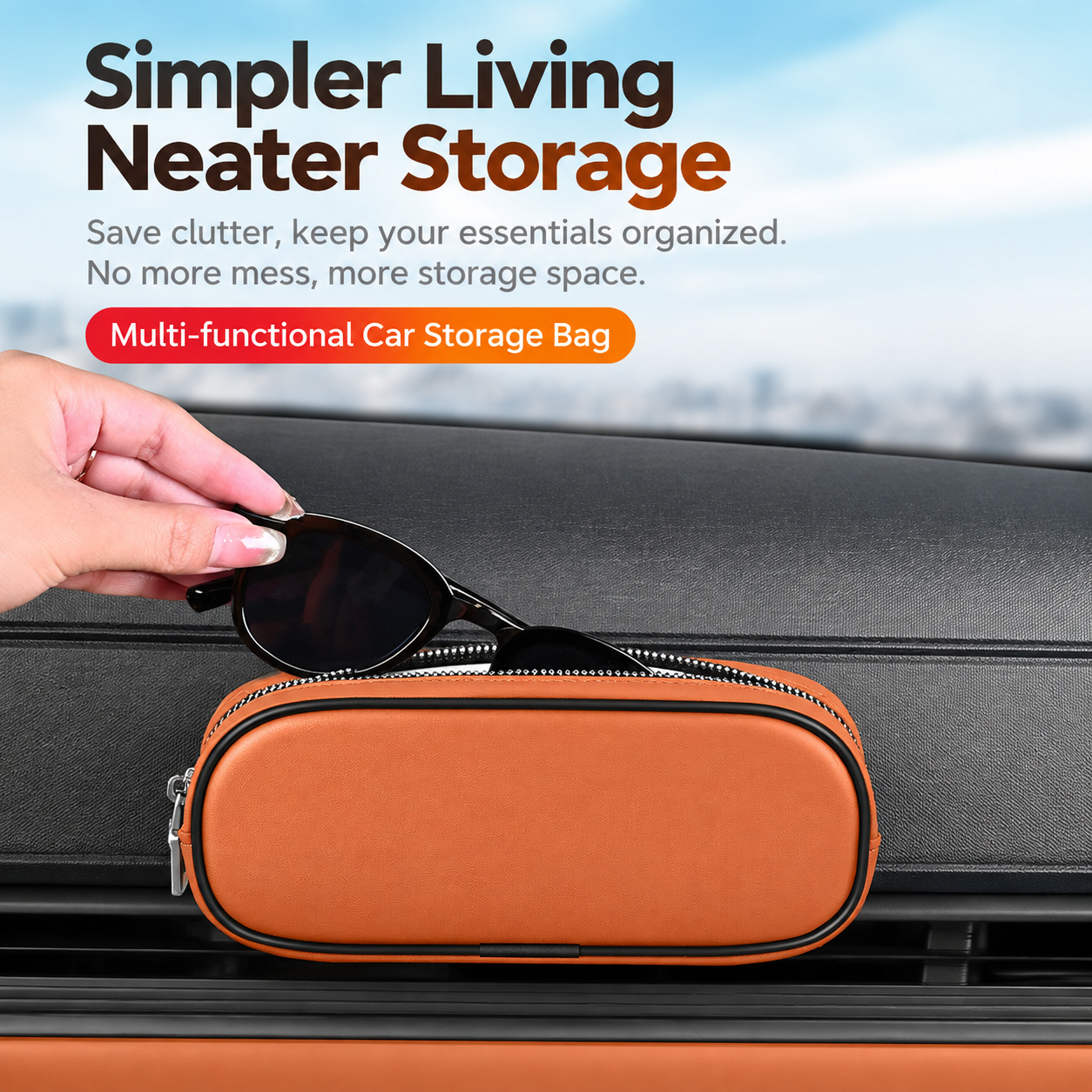 Beige Magnetic Car Storage Pouch - 18 cm Microfiber Leather Zipper Organiser view 2