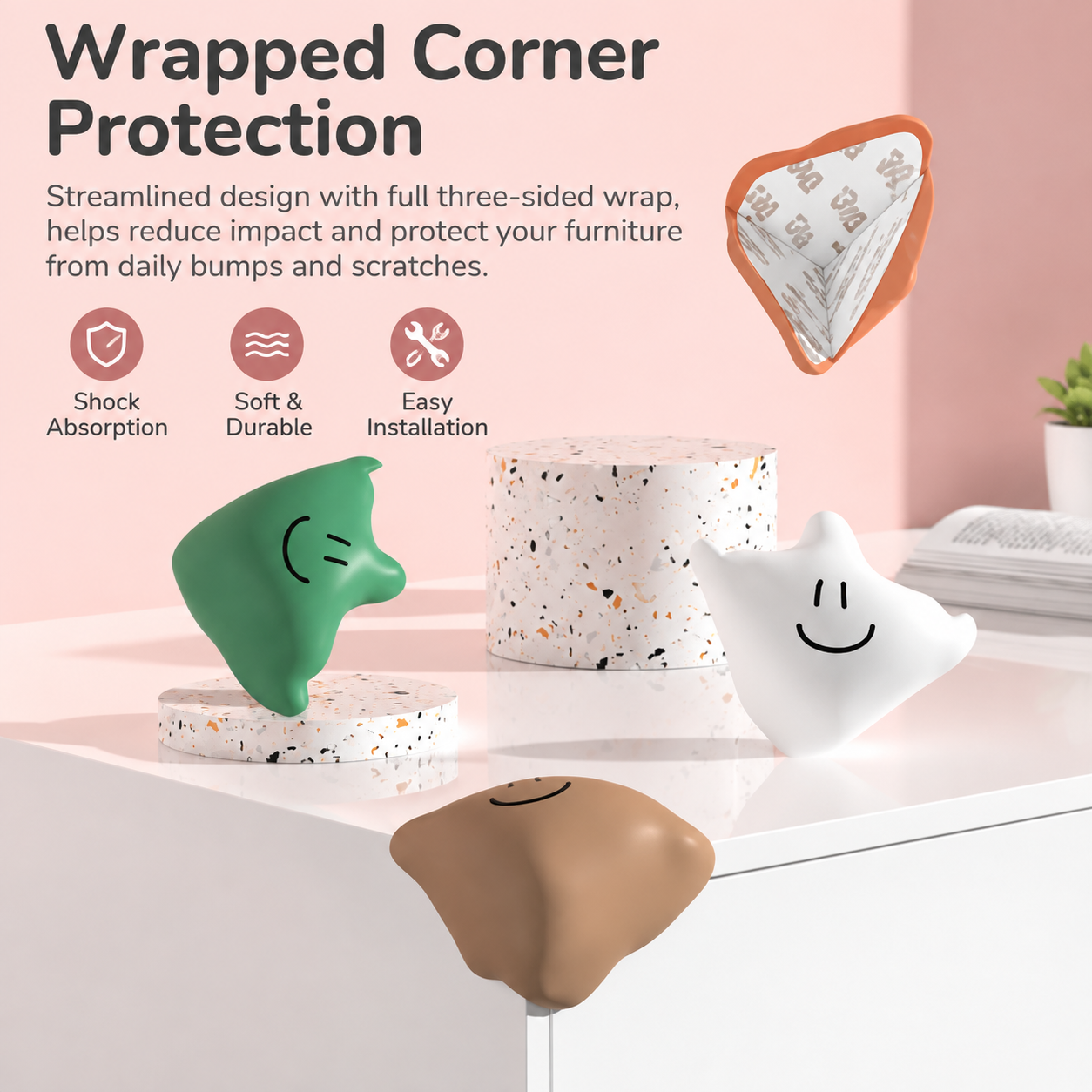 Brown Silicone Furniture Corner Protectors 6 Pack - Soft Self Adhesive 3-Sided view 2