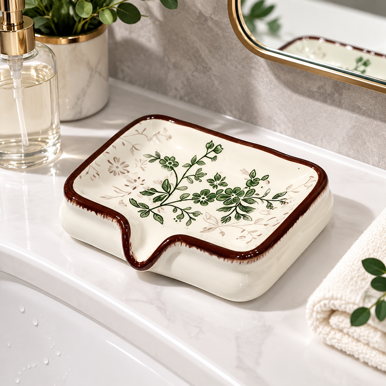 Brown Ceramic Soap Dish with Drainage Spout - 12.5 cm Floral Soap Holder with view 2