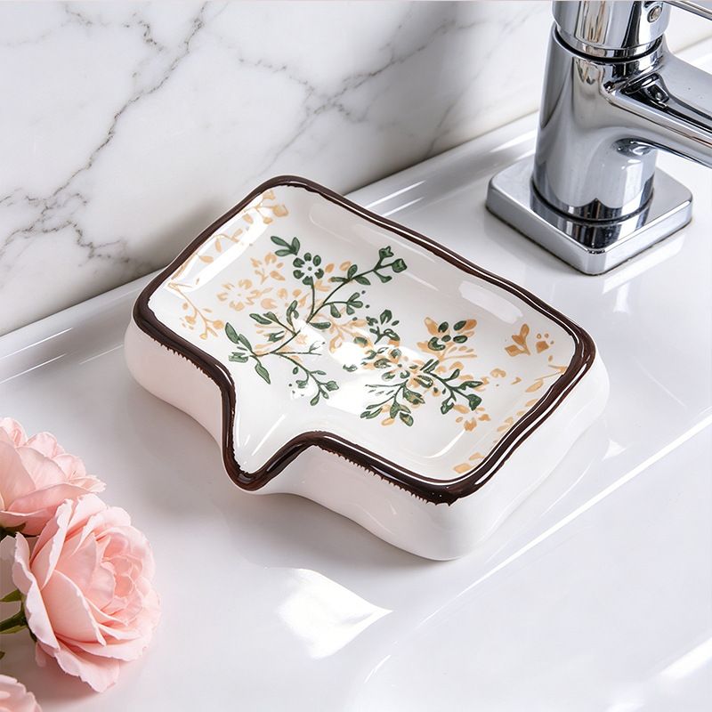Brown Ceramic Soap Dish with Drainage Spout - 12.5 cm Floral Soap Holder with view 5