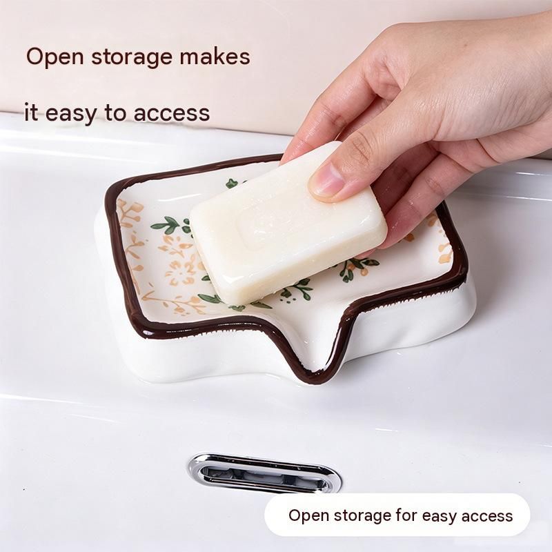 Blue Ceramic Soap Dish with Drainage Spout - 12.5 cm Floral Soap Holder with view 4