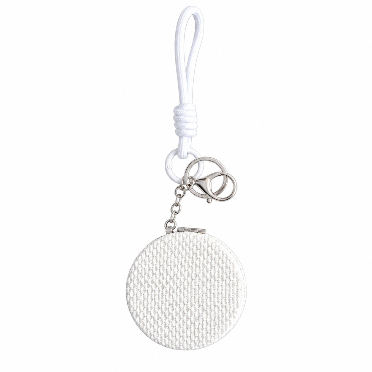 White Portable Double Sided Compact Mirror Keychain - 7 cm Round Folding