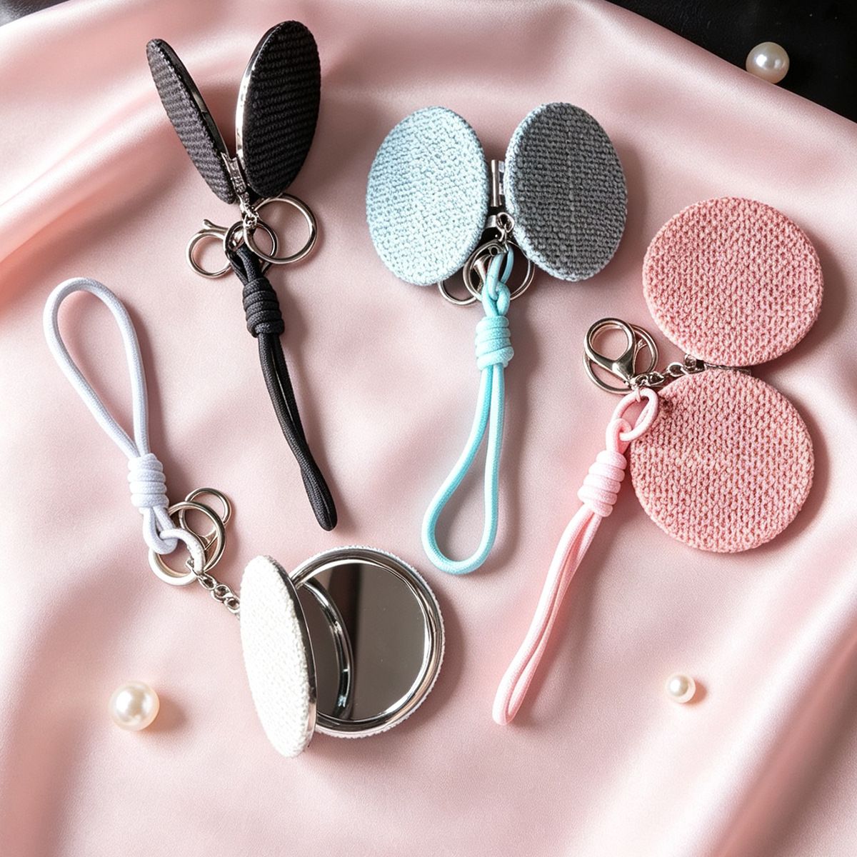 Light Blue Portable Double Sided Compact Mirror Keychain - 7 cm Round Folding view 3