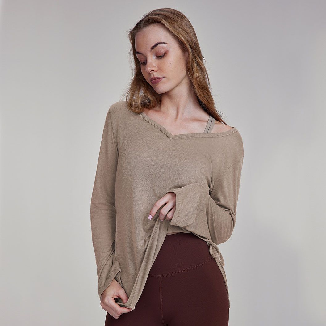 Women's Brown Long Sleeve Yoga Top Size S V Neck Drawstring Tunic Shirt for view 3