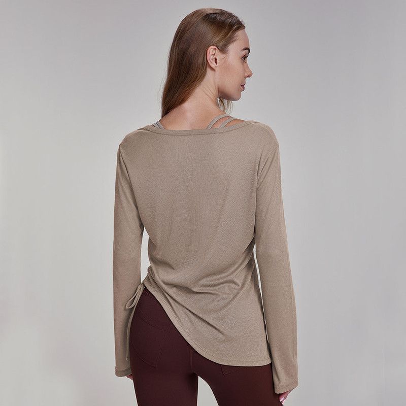 Women's Brown Long Sleeve Yoga Top Size L V Neck Drawstring Tunic Shirt for view 2