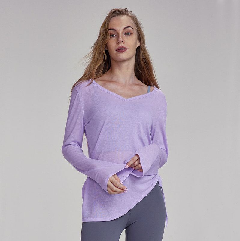 Women's Purple Long Sleeve Yoga Top Size S V Neck Drawstring Tunic Shirt for view 3