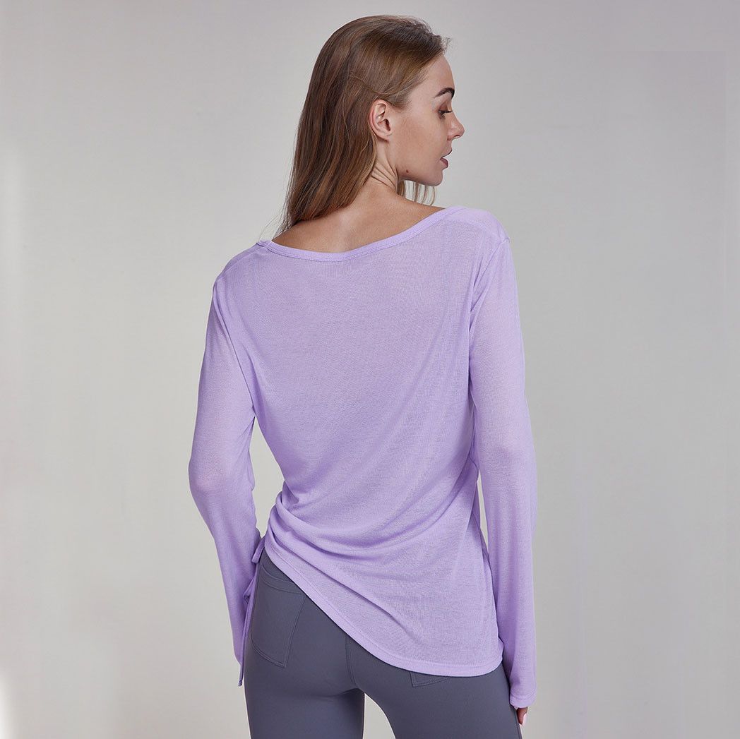 Women's Purple Long Sleeve Yoga Top Size M V Neck Drawstring Tunic Shirt for view 2