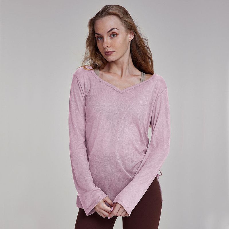 Women's Pink Long Sleeve Yoga Top Size S V Neck Drawstring Tunic Shirt for view 3