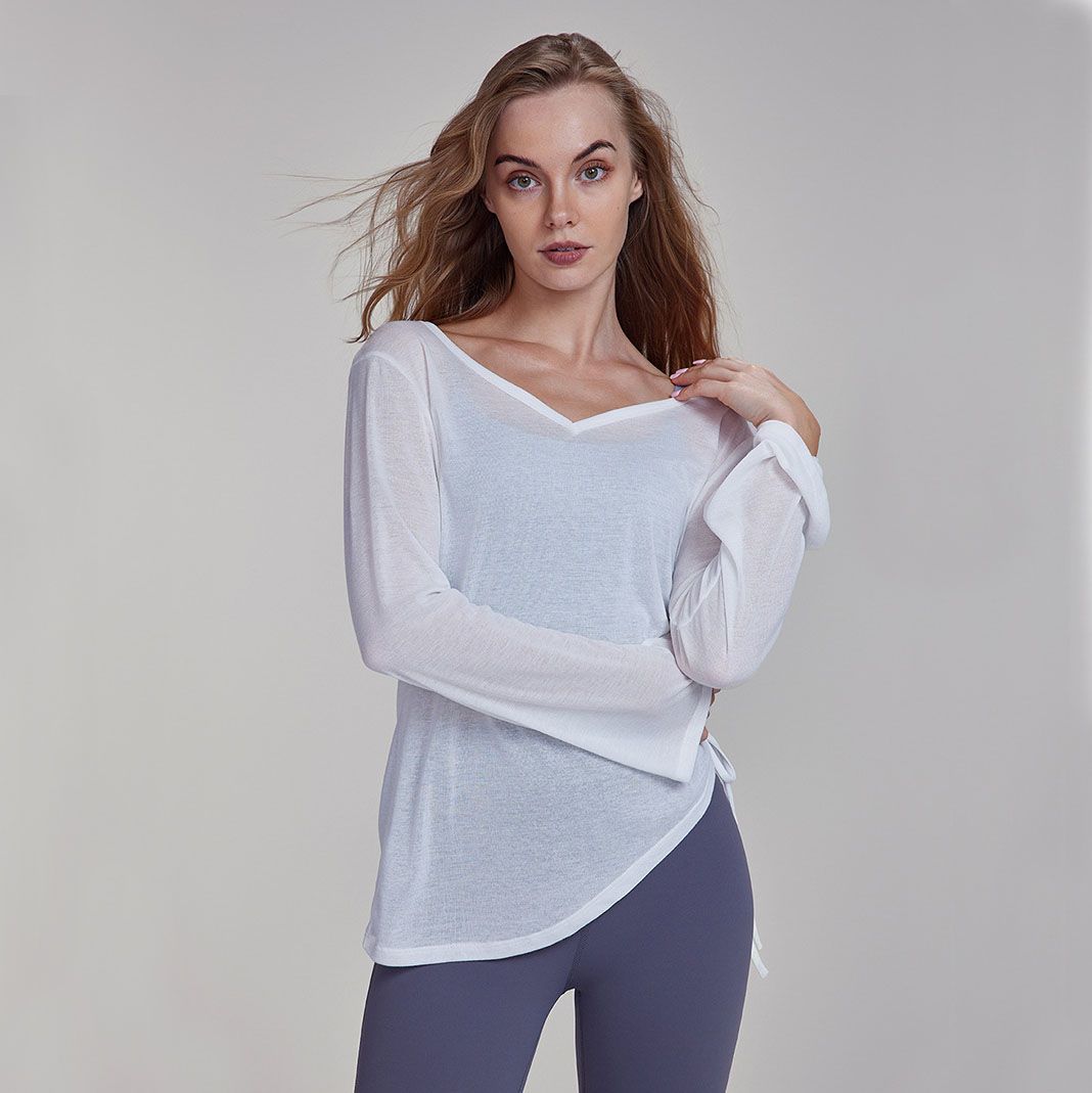 Women's White Long Sleeve Yoga Top Size S V Neck Drawstring Tunic Shirt for view 2