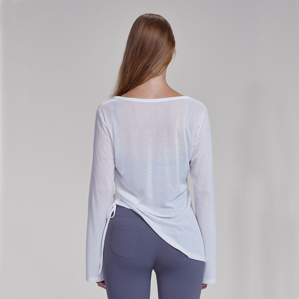 Women's White Long Sleeve Yoga Top Size M V Neck Drawstring Tunic Shirt for view 3