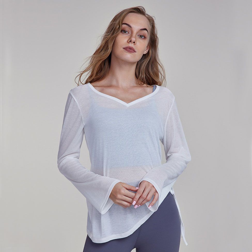 Women's White Long Sleeve Yoga Top Size L V Neck Drawstring Tunic Shirt for view 3