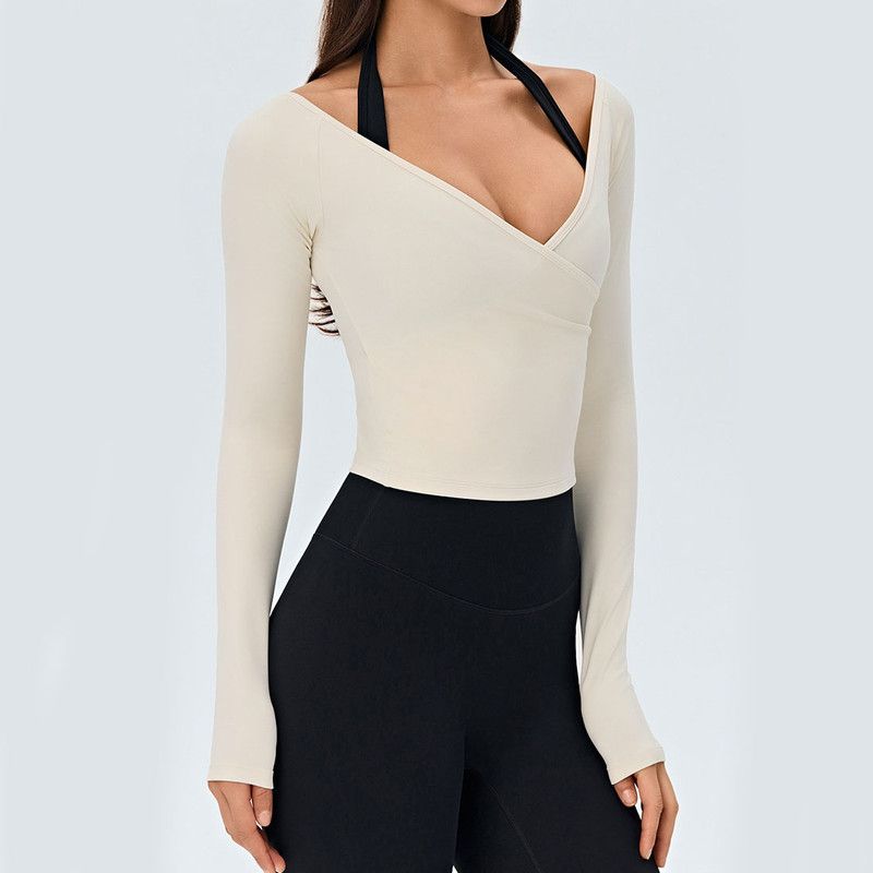 White Size L Women's Long Sleeve Yoga Crop Top V Neck Open Back Activewear view 2