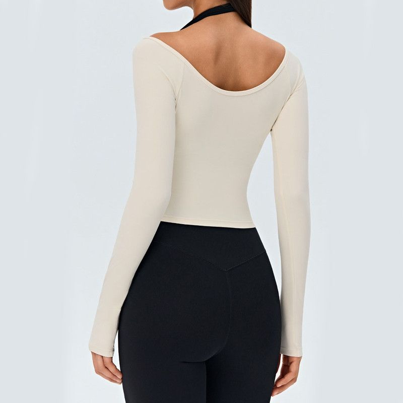 White Size XL Women's Long Sleeve Yoga Crop Top V Neck Open Back Activewear view 3