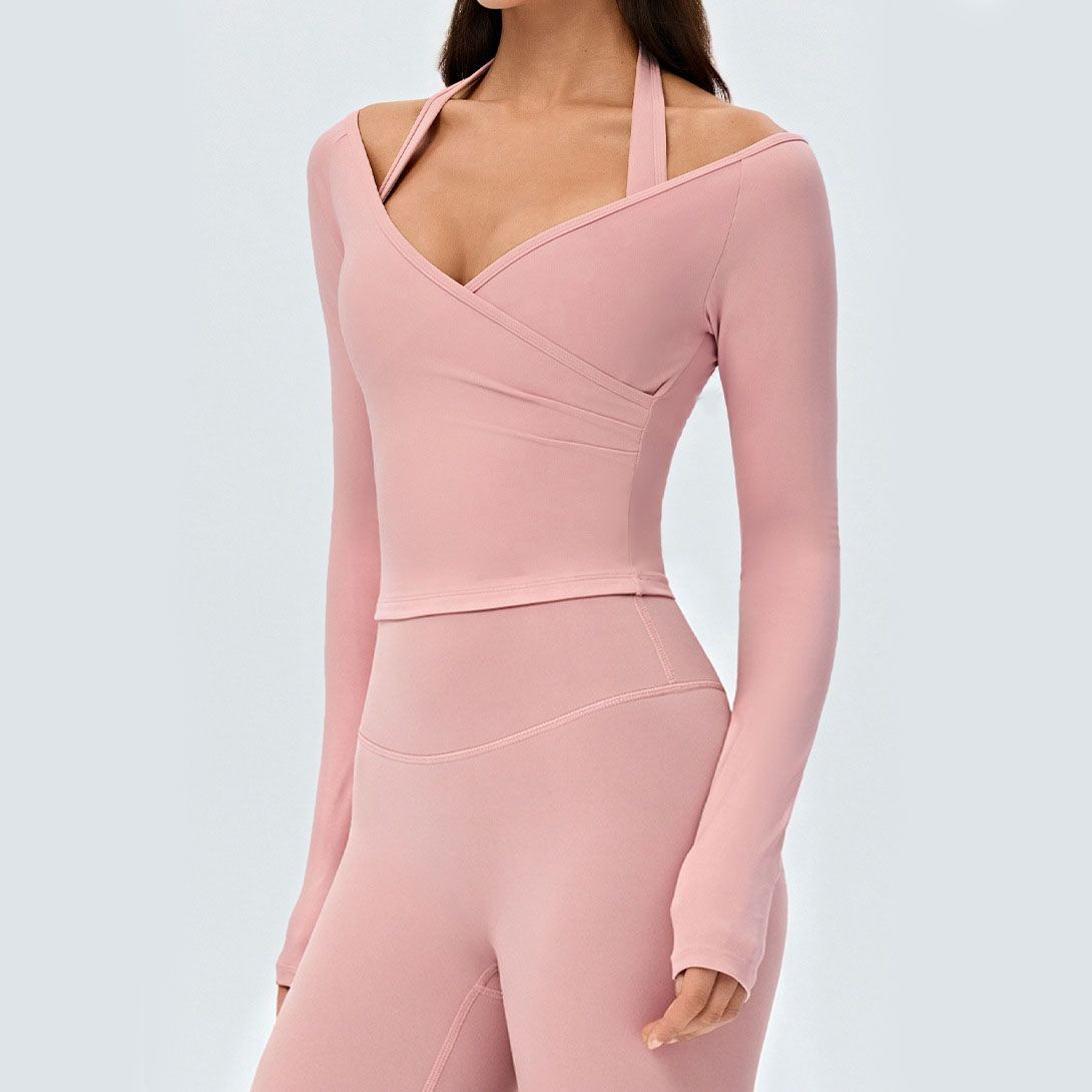 Pink Size S Women's Long Sleeve Yoga Crop Top V Neck Open Back Activewear view 3