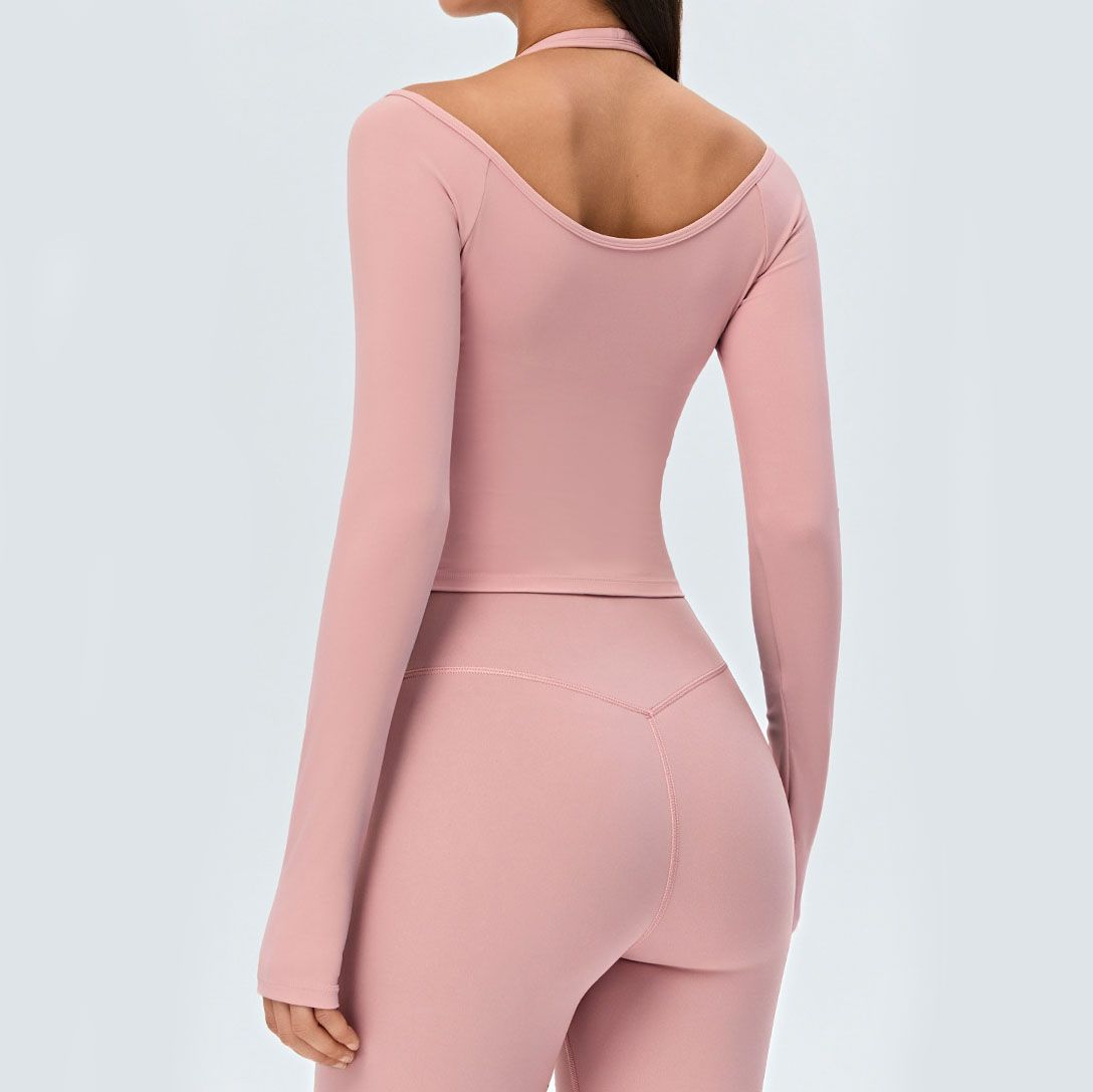 Pink Size L Women's Long Sleeve Yoga Crop Top V Neck Open Back Activewear view 2