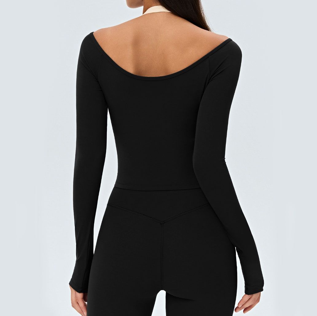 Black Size M Women's Long Sleeve Yoga Crop Top V Neck Open Back Activewear view 3