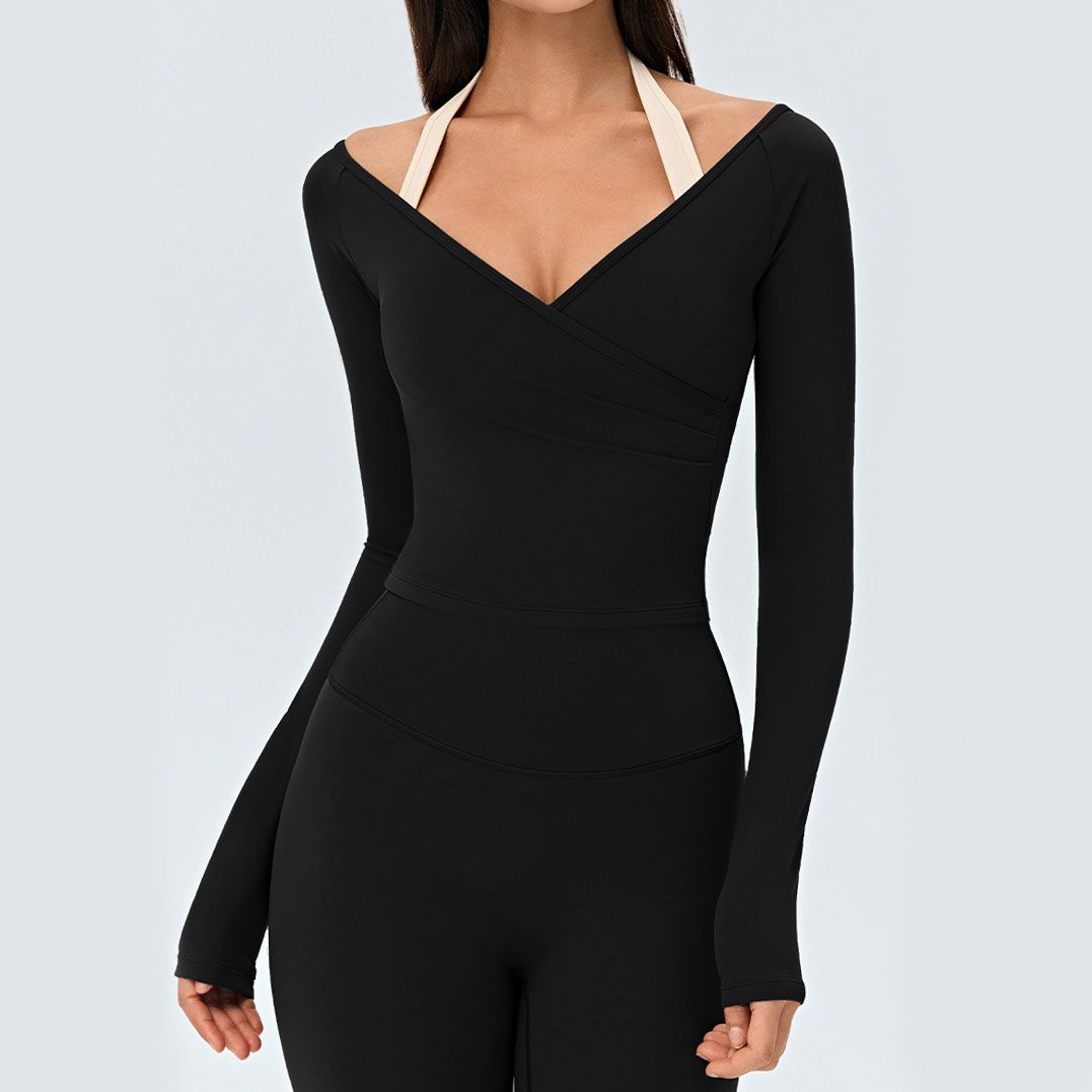 Black Size L Women's Long Sleeve Yoga Crop Top V Neck Open Back Activewear view 2