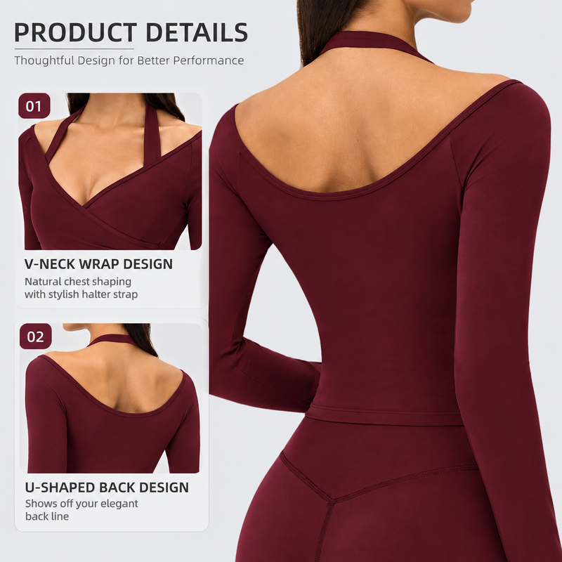 Black Size L Women's Long Sleeve Yoga Crop Top V Neck Open Back Activewear view 4