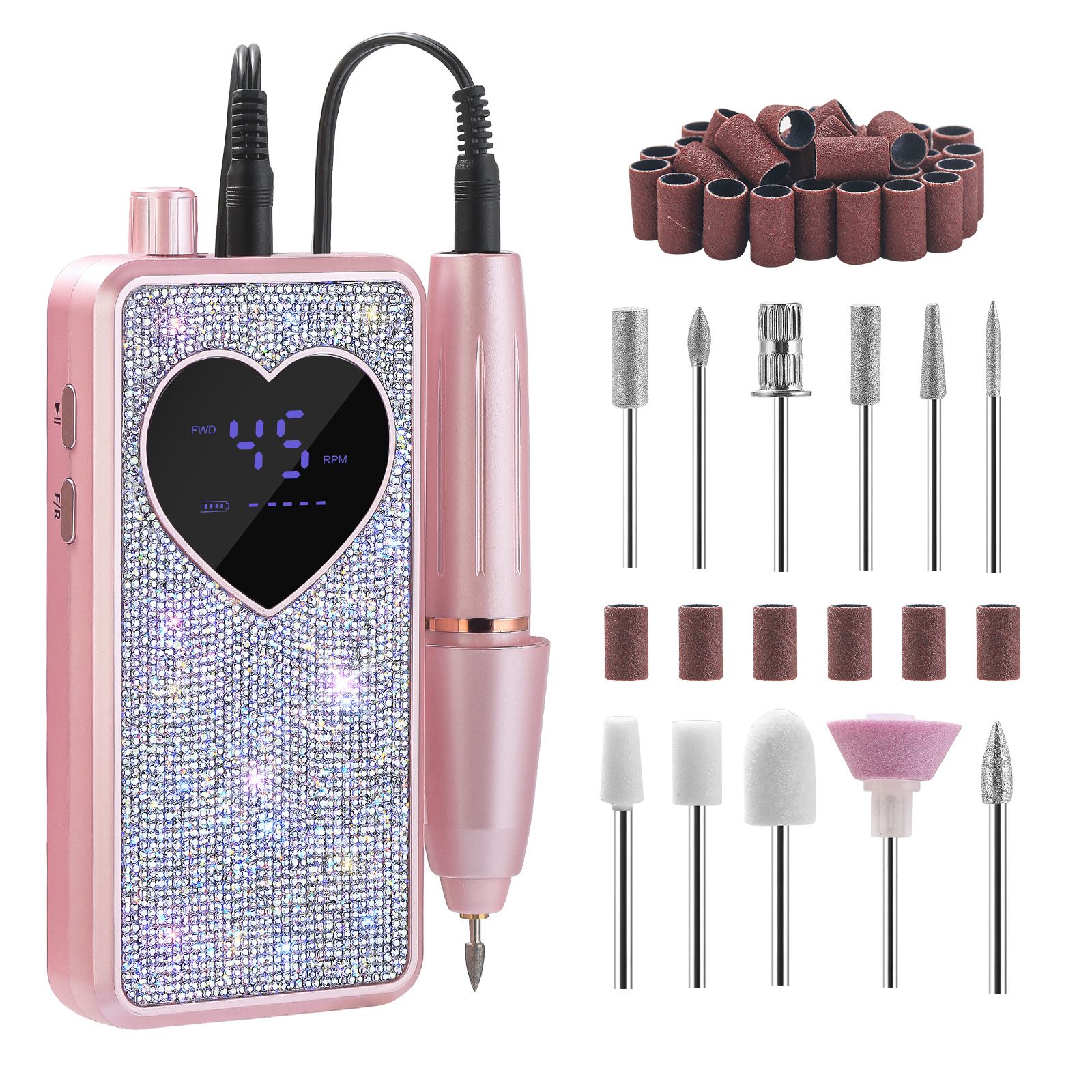 Rhinestone Electric Nail Drill Kit with Heart Display - Rechargeable Nail File
