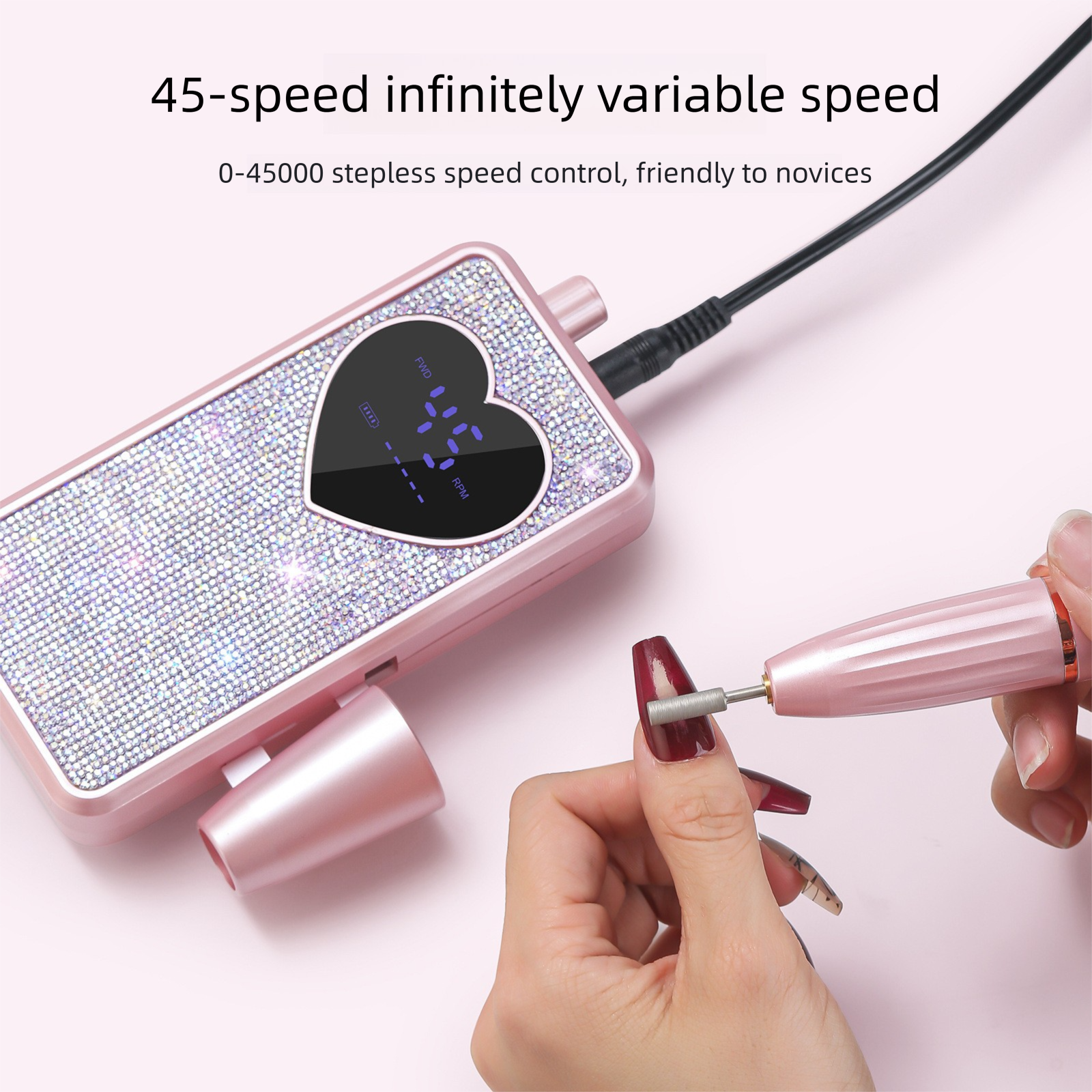 Rhinestone Electric Nail Drill Kit with Heart Display - Rechargeable Nail File view 2
