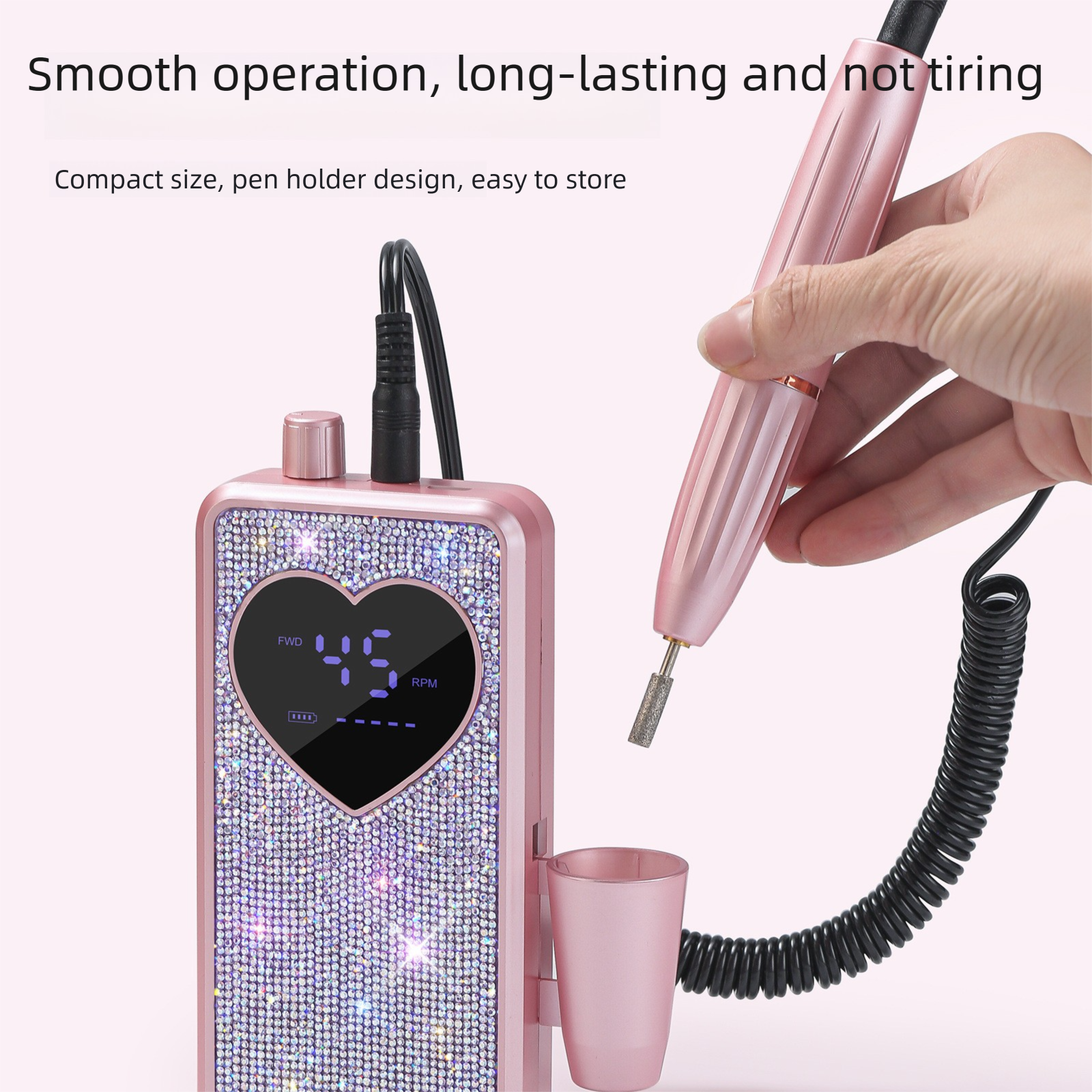 Rhinestone Electric Nail Drill Kit with Heart Display - Rechargeable Nail File view 3