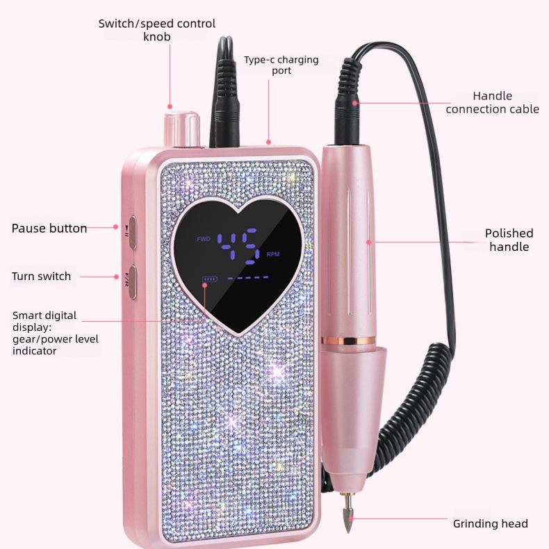 Rhinestone Electric Nail Drill Kit with Heart Display - Rechargeable Nail File view 4