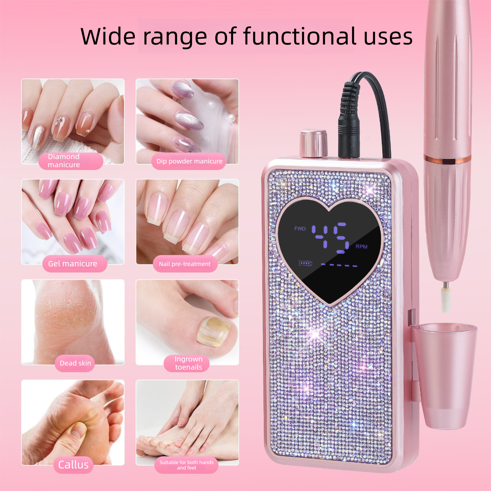 Rhinestone Electric Nail Drill Kit with Heart Display - Rechargeable Nail File view 5