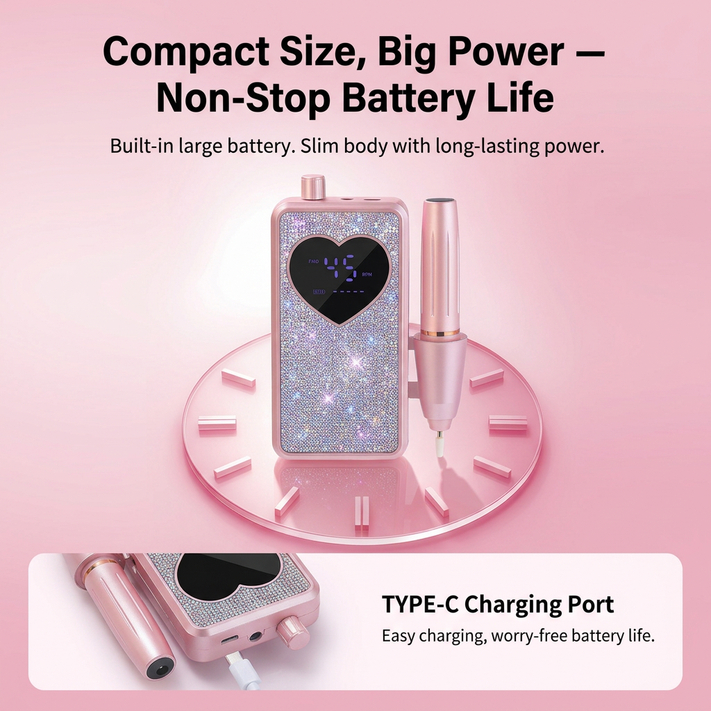 Rhinestone Electric Nail Drill Kit with Heart Display - Rechargeable Nail File view 9