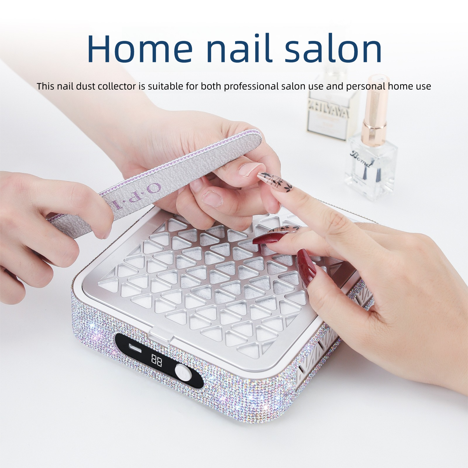 White Rechargeable Nail Dust Collector with Rhinestone Design - Portable Nail view 2
