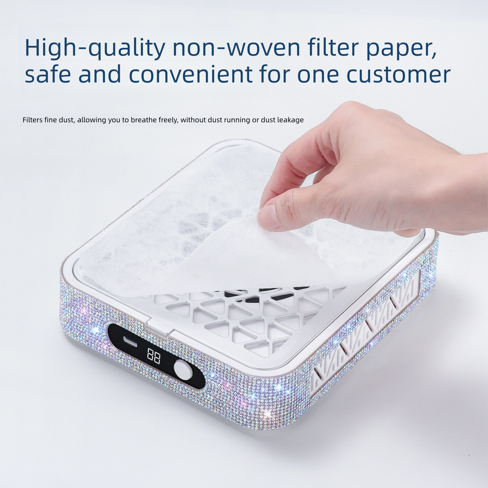 White Rechargeable Nail Dust Collector with Rhinestone Design - Portable Nail view 3