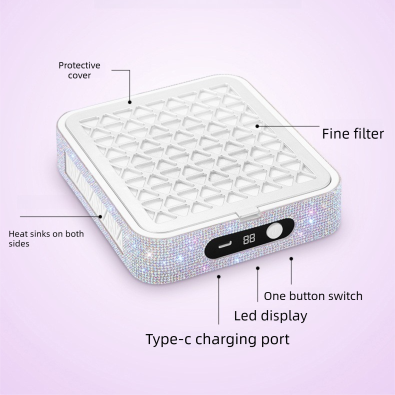 White Rechargeable Nail Dust Collector with Rhinestone Design - Portable Nail view 5