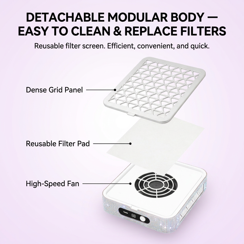 White Rechargeable Nail Dust Collector with Rhinestone Design - Portable Nail view 6