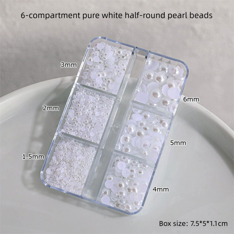 6-Grid Assorted Half-Pearl Nail Art Kit - Mixed Sizes 1.5mm-6mm - Pure White