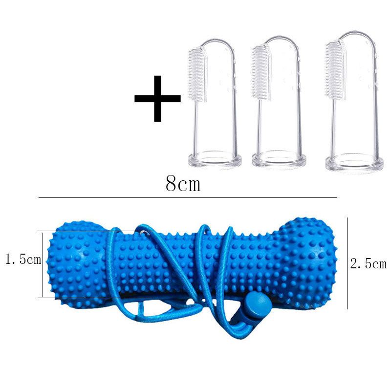Dog Dental Chew Toy and Finger Brush Set - 8cm Blue Hands Free Chew Toy with 3