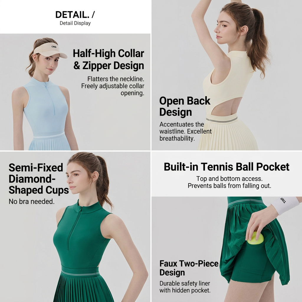 Green Size L Women's Tennis Dress - Pleated Skirt One Piece Sports Dress with view 4