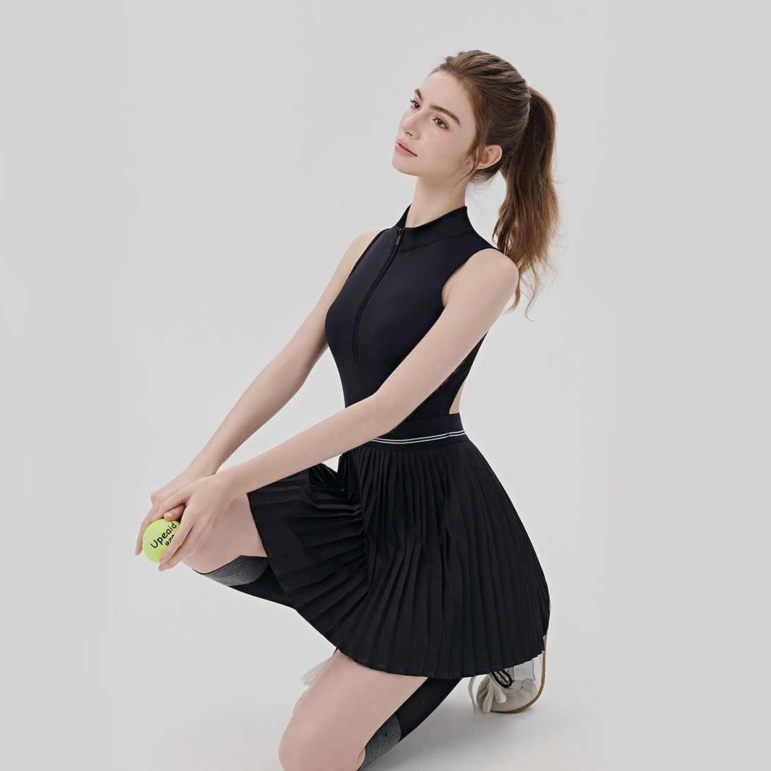 Black Size M Women's Tennis Dress - Pleated Skirt One Piece Sports Dress with view 3