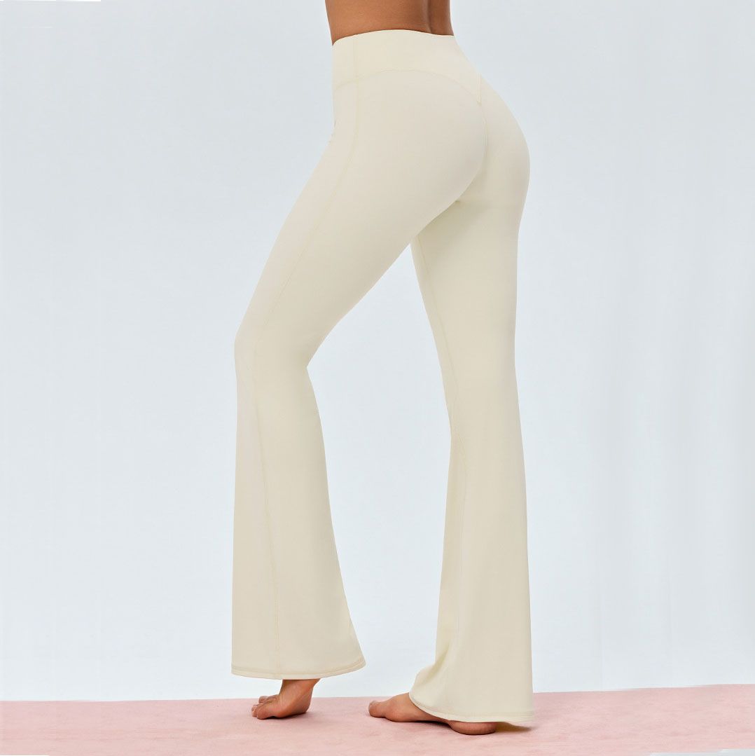 Beige Size M Women's High Waisted Yoga Flare Leggings - V Back Seam Micro view 4