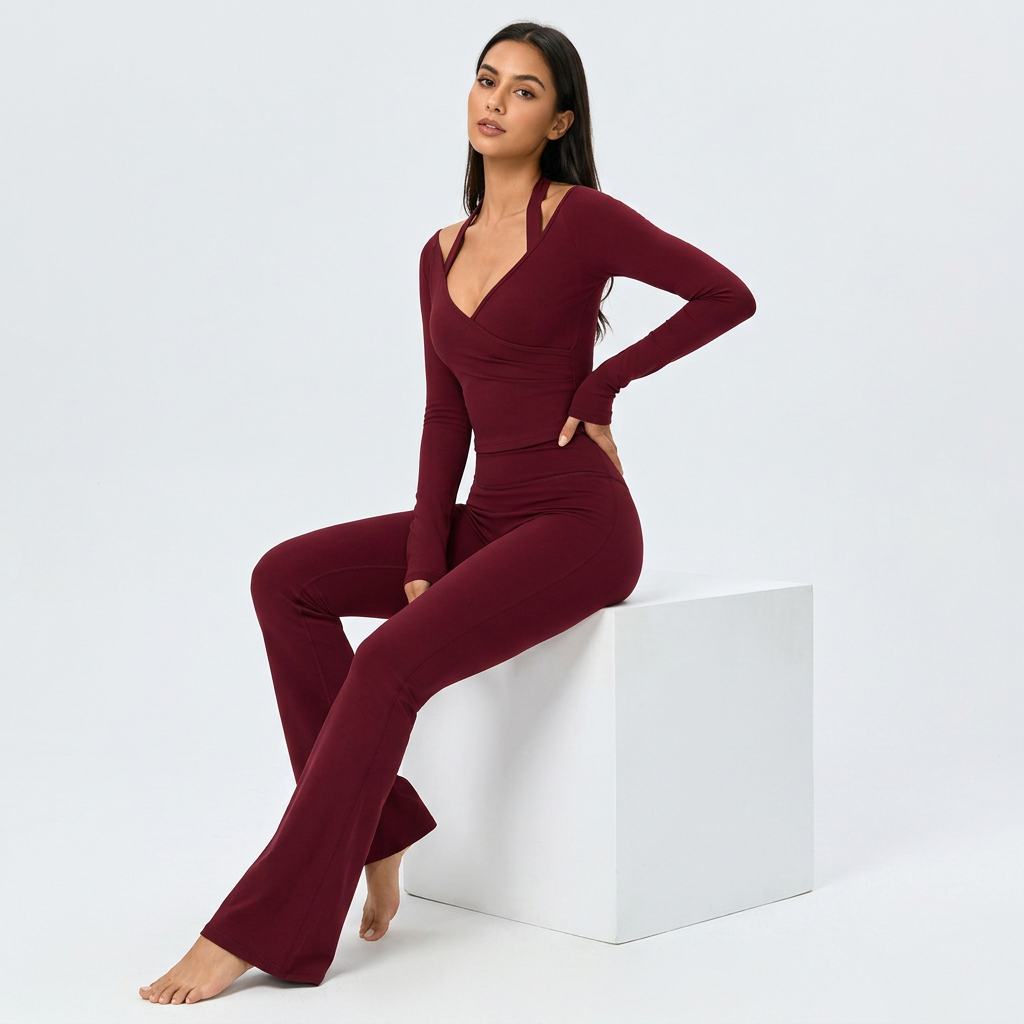 Women's Two-Piece Workout Set Size L- Burgundy Wrap-Up Long-Sleeve Top and view 2