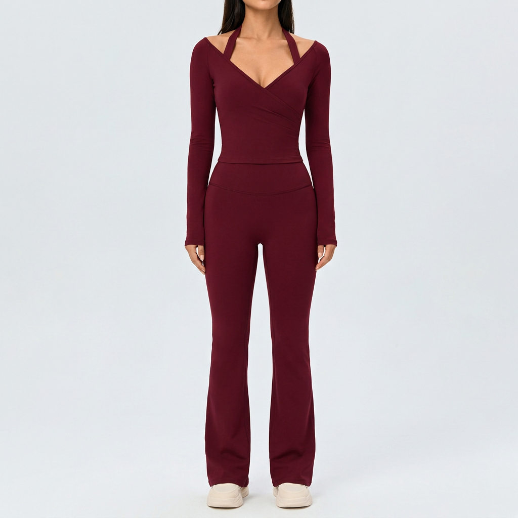 Women's Two-Piece Workout Set Size L- Burgundy Wrap-Up Long-Sleeve Top and view 3