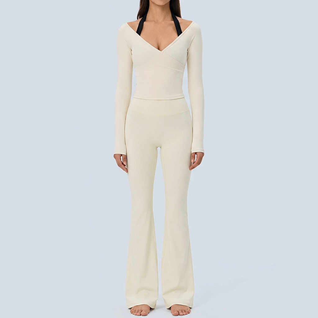 Women's Two-Piece Workout Set Size M- Beige Wrap-Up Long-Sleeve Top and view 2