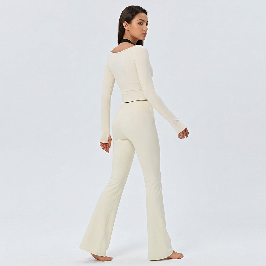 Women's Two-Piece Workout Set Size M- Beige Wrap-Up Long-Sleeve Top and view 3