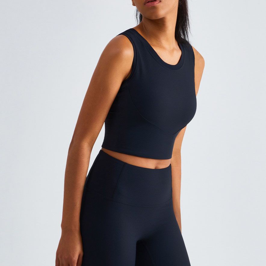 Black Women’s Ribbed Crop Top with Fixed Bra Cups (L)- Racerback Sleeveless view 2