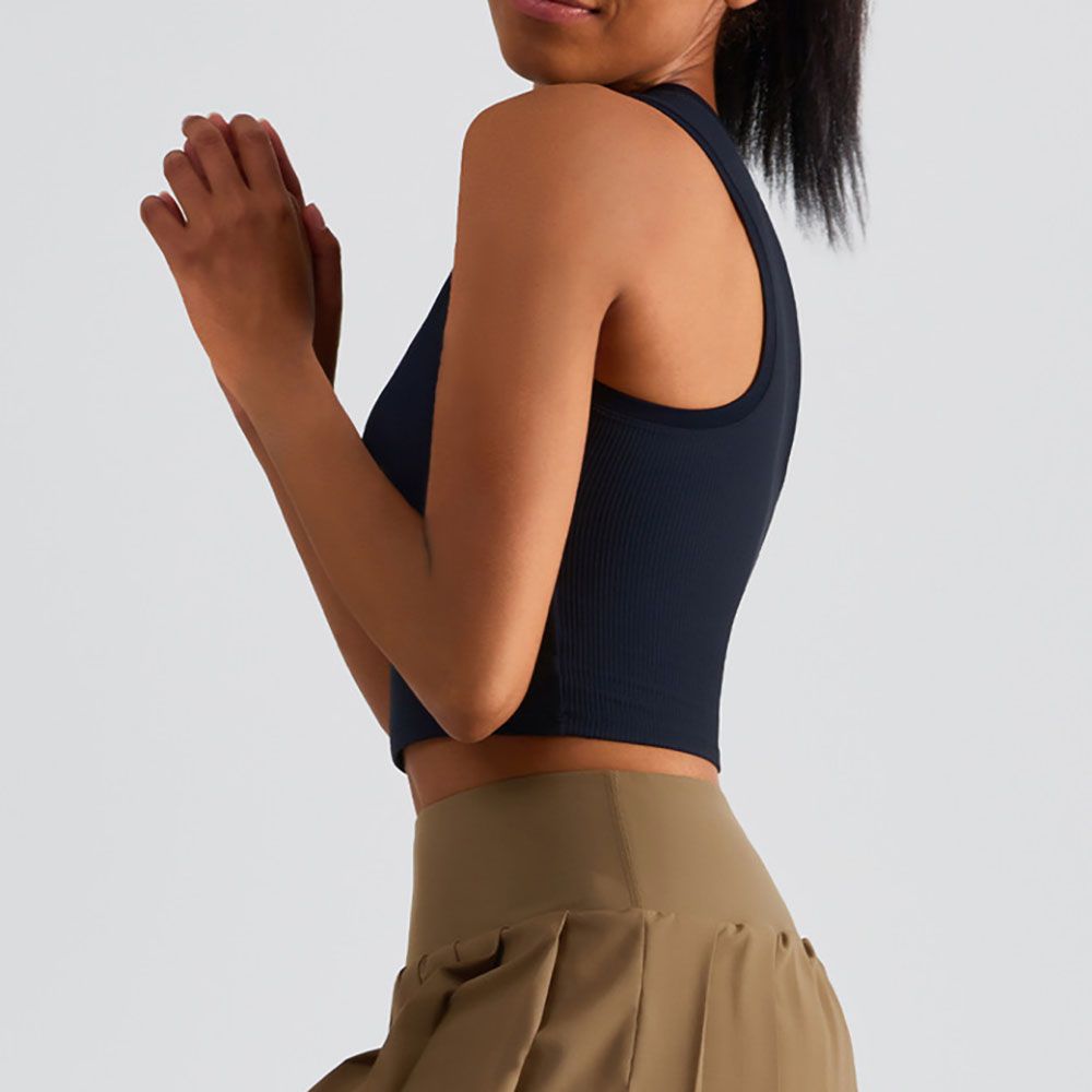 Black Women’s Ribbed Crop Top with Fixed Bra Cups (L)- Racerback Sleeveless view 3