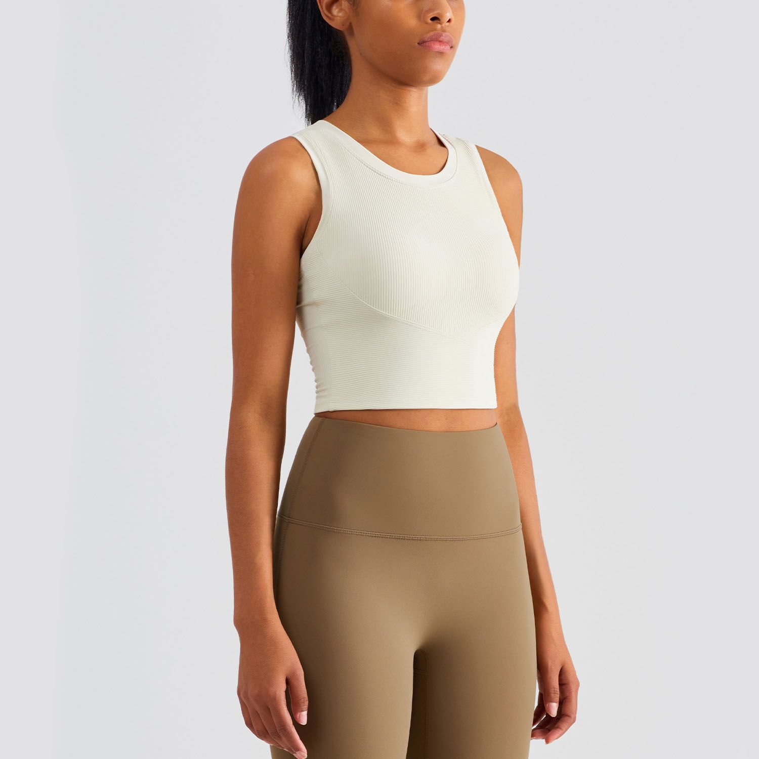 White Women’s Ribbed Crop Top with Fixed Bra Cups (S)- Racerback Sleeveless view 4