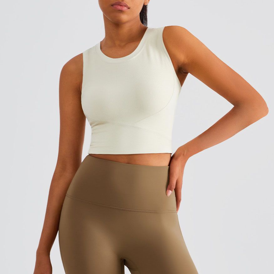 White Women’s Ribbed Crop Top with Fixed Bra Cups (M)- Racerback Sleeveless — image 1