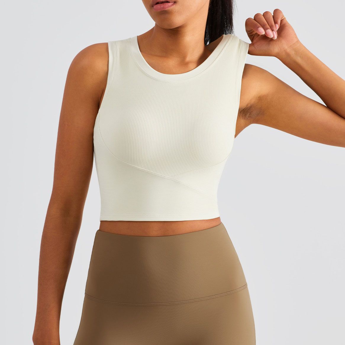 White Women’s Ribbed Crop Top with Fixed Bra Cups (M)- Racerback Sleeveless view 2