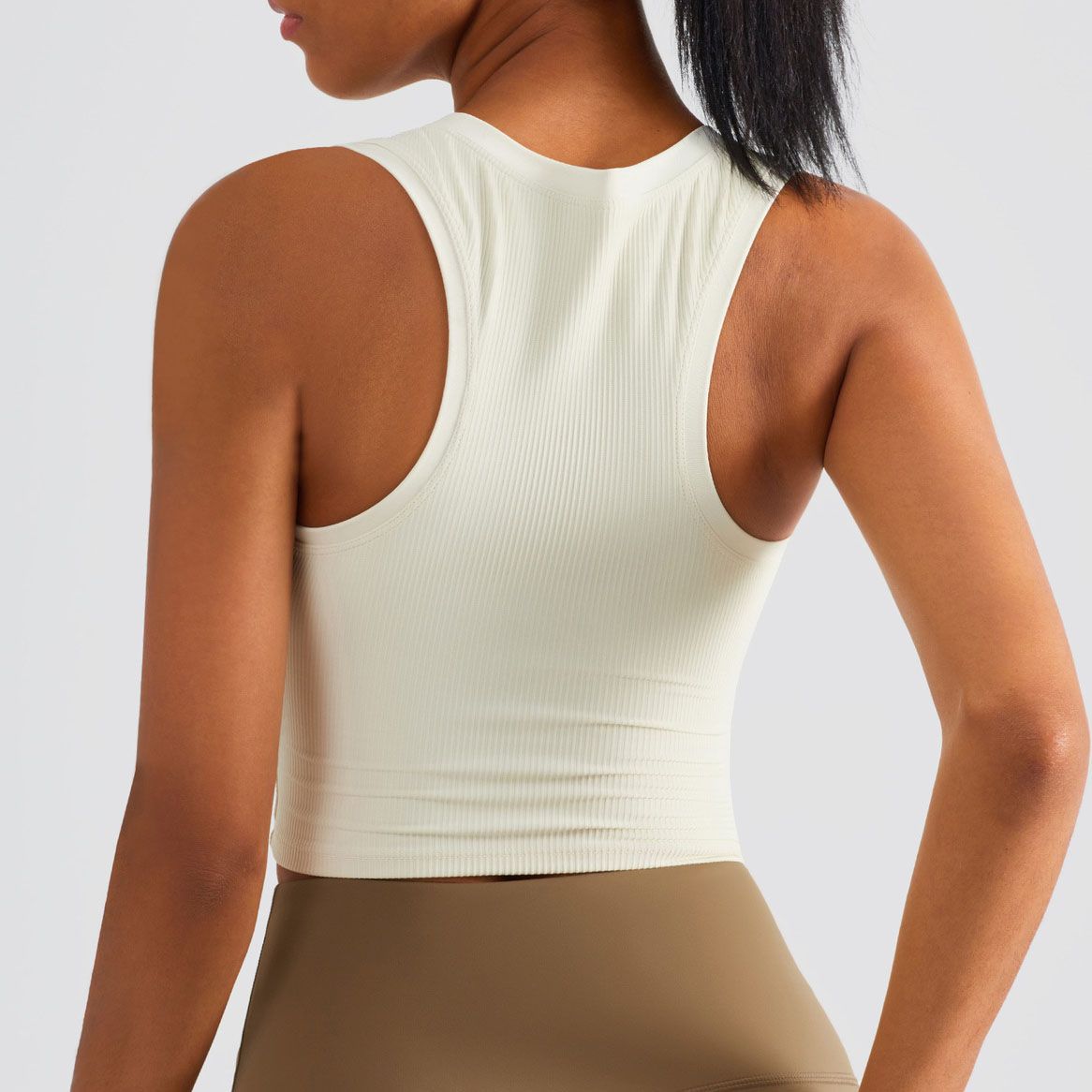 White Women’s Ribbed Crop Top with Fixed Bra Cups (M)- Racerback Sleeveless view 3
