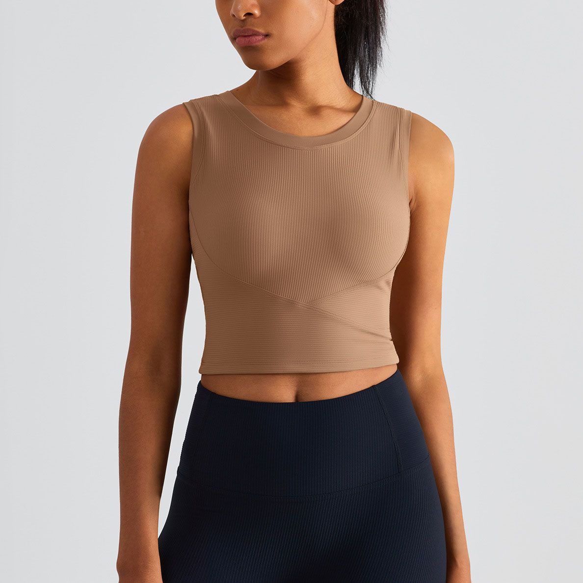 Brown Women’s Ribbed Crop Top with Fixed Bra Cups (S)- Racerback Sleeveless — image 1