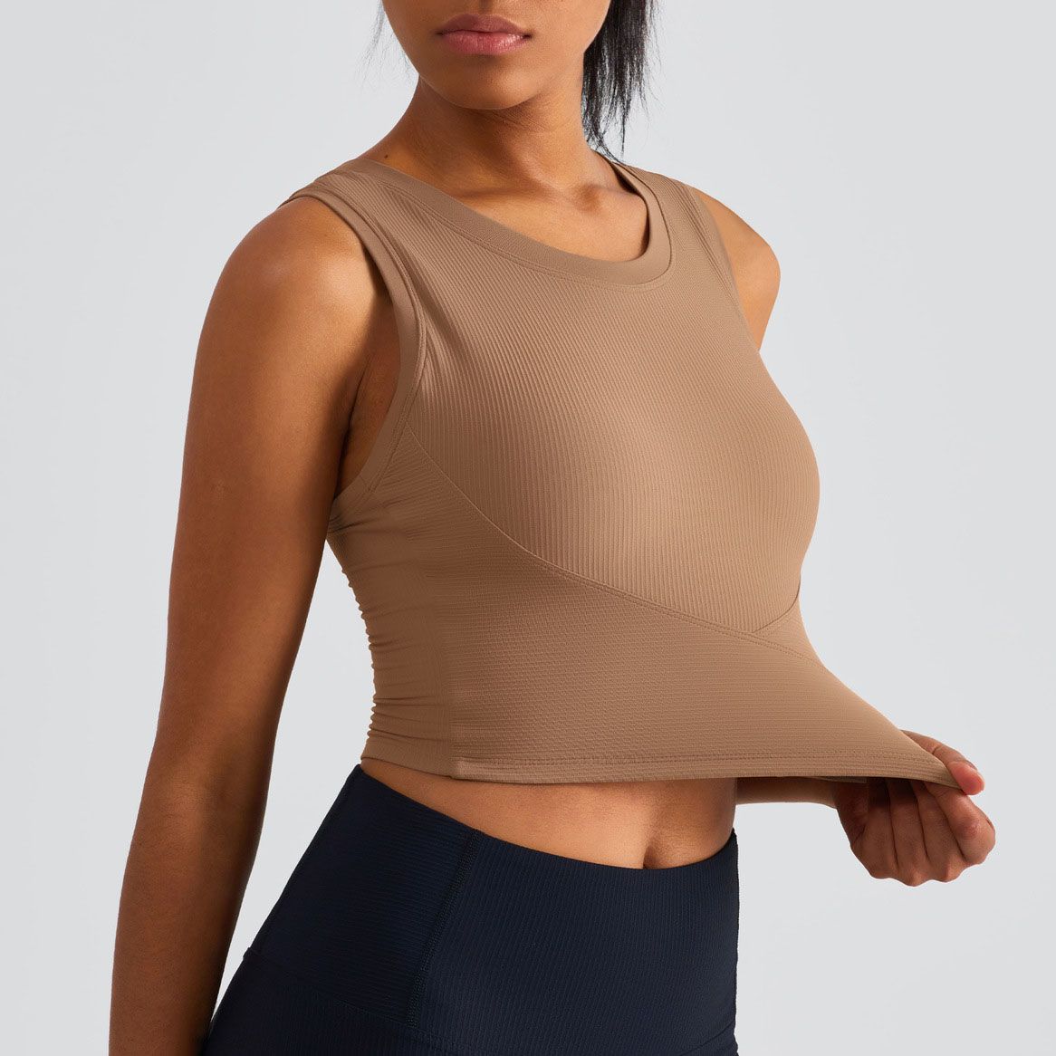 Brown Women’s Ribbed Crop Top with Fixed Bra Cups (S)- Racerback Sleeveless view 2