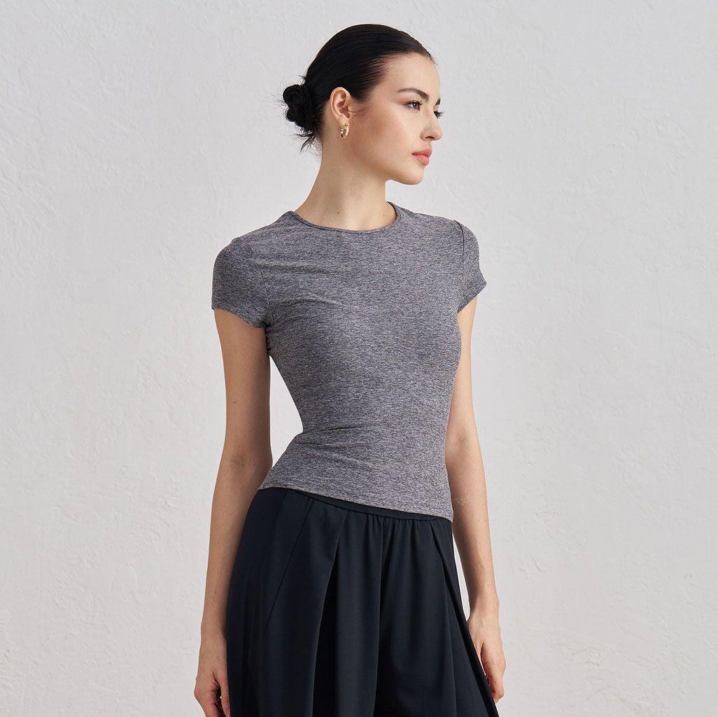 Women’s Slim Fit Yoga T Shirt (L)-Grey Short Sleeve Crew Neck Activewear Top view 2